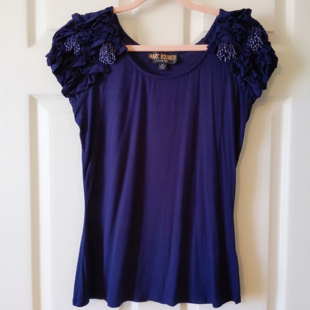 Marc Bouwer Short Sleeve Embellished Dark Blue Blouses Medium